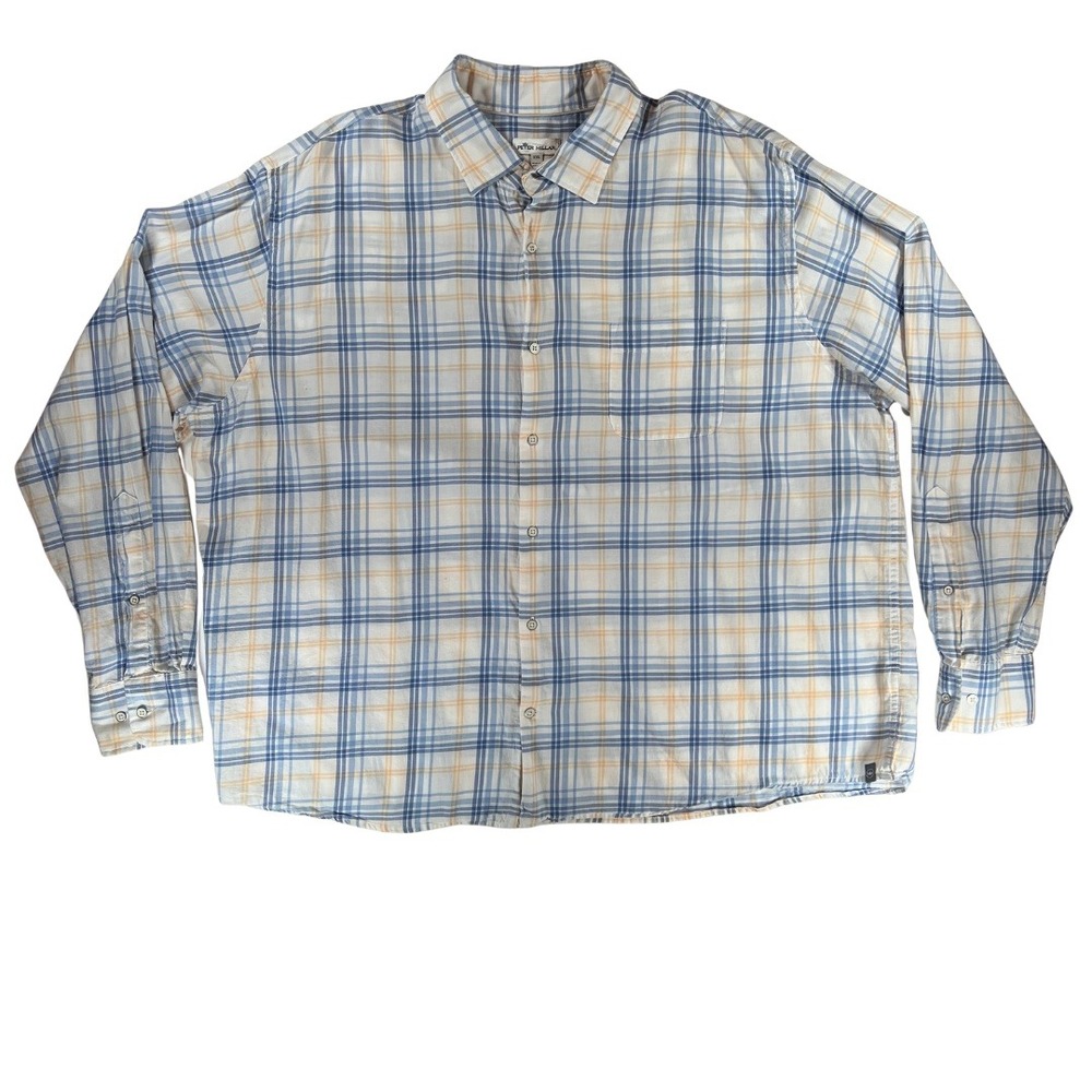 Peter‎ Millar Mens XXL Plaid Button Down Shirt Blue Tan Cotton Casual Golf